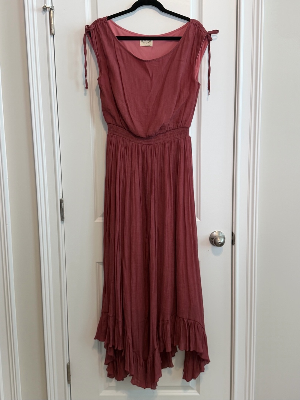 Joyfolie Dusty Rose Boho Maxi Dress with Tie Shoulders